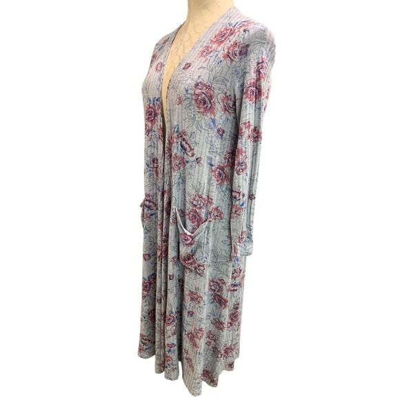 Small LulaRoe Womens Sarah Duster Long Cardigan Gray Floral Pockets - Picture 3 of 8